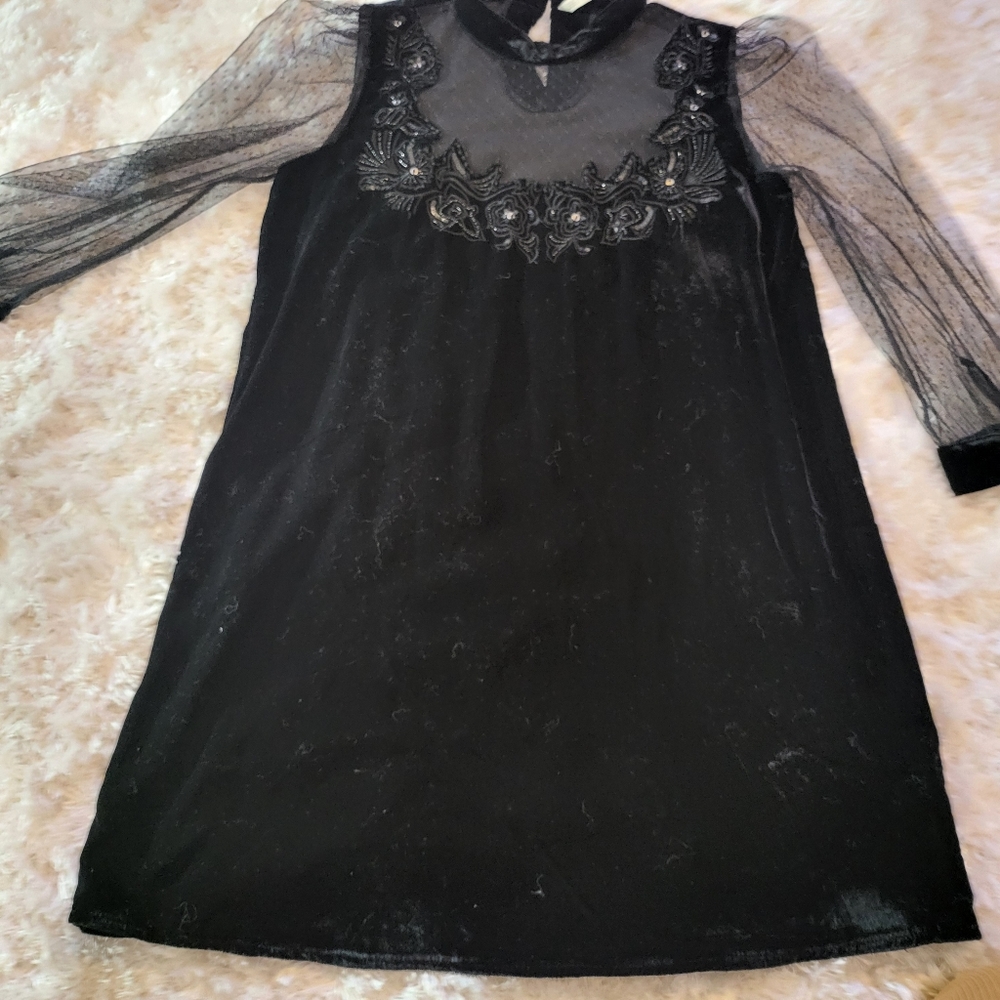 Zara black velvet sheer sleeve mini dress